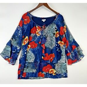 Jaipur Womens Ruffled Boho‎ Top Size L Blue Floral Tiered Braided Mix Print